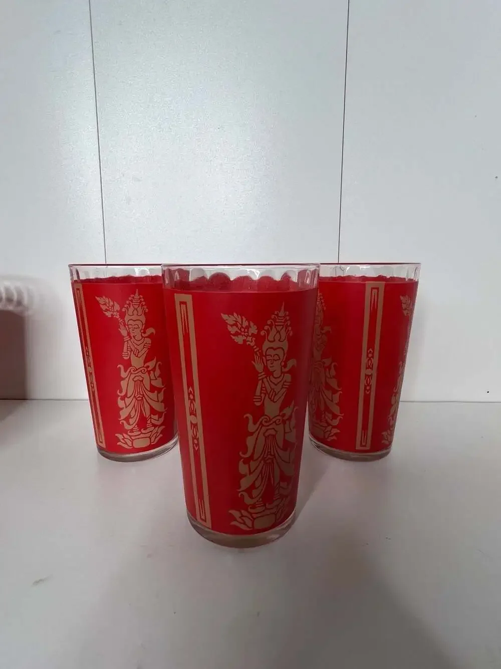 Set of 3 Vintage Federal Glass Red and Gold Thai Goddess Highball Tumblers